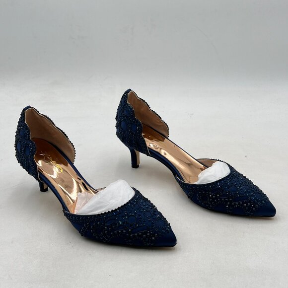 XYD Navy Elegant Pointed Toe D'Orsay Kitten Heel Rhinestone Studs Slip-On Pump - Picture 4 of 8